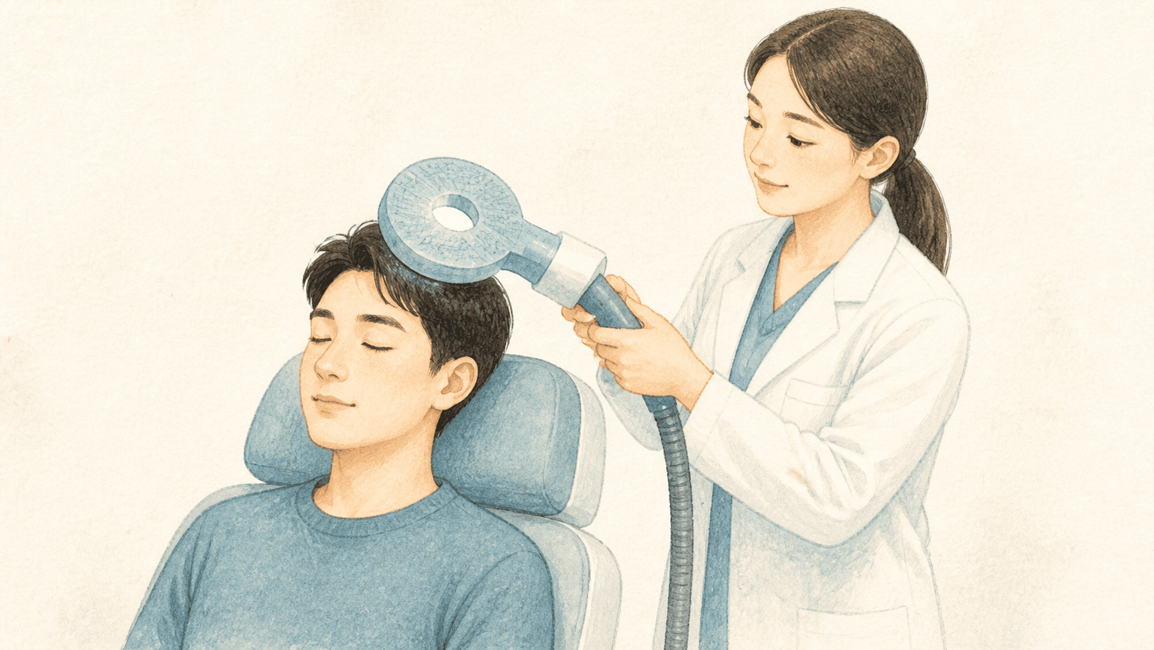 앉아 있는 성인의 머리 옆에 두피 바깥 코일을 놓은 경두개자기자극술