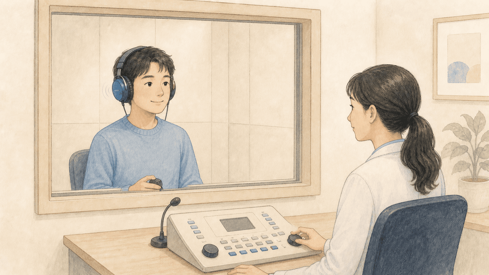 방음부스에서 헤드폰을 쓴 사람이 응답 버튼을 누르며 청력검사를 받는 그림