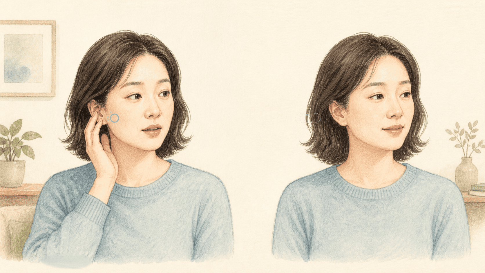 한쪽 귀에서 잠깐 느껴진 귀울림이 곧 옅어져 사라지는 두 순간을 보여 주는 그림