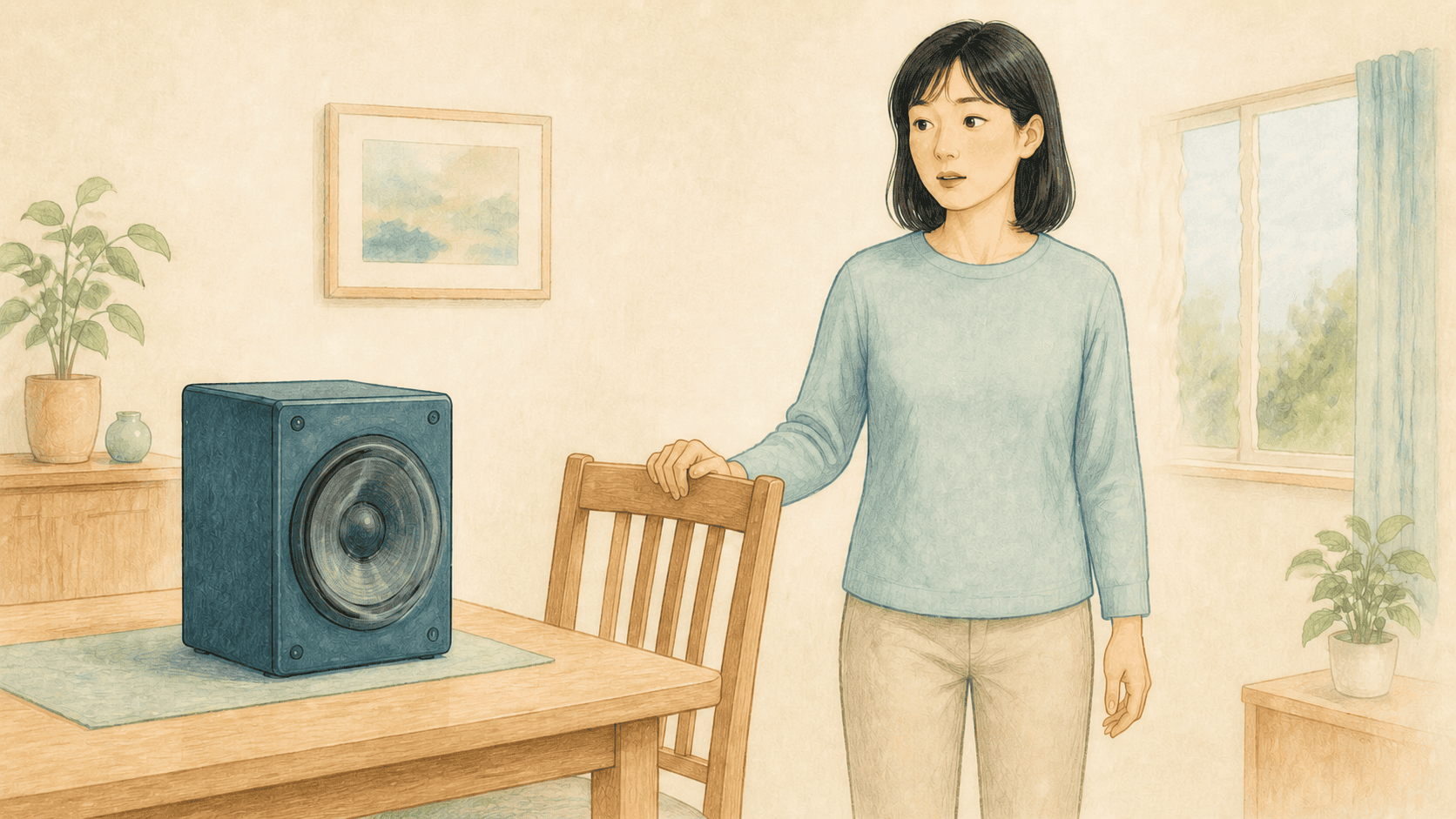 스피커 소리에 어지러워 의자를 짚은 사람 그림