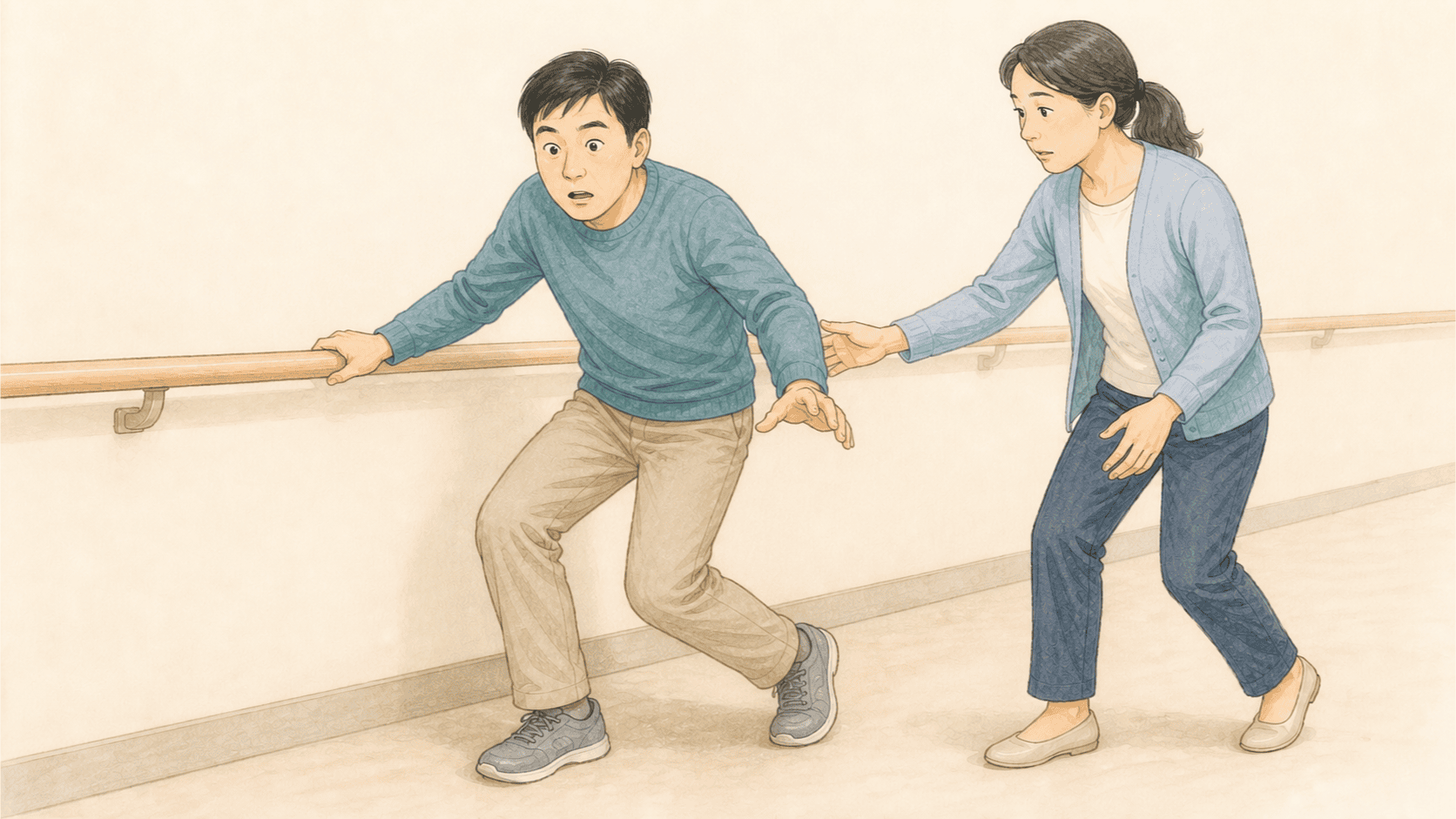 의식을 유지한 채 갑자기 자세가 무너져 난간을 잡는 사람 그림