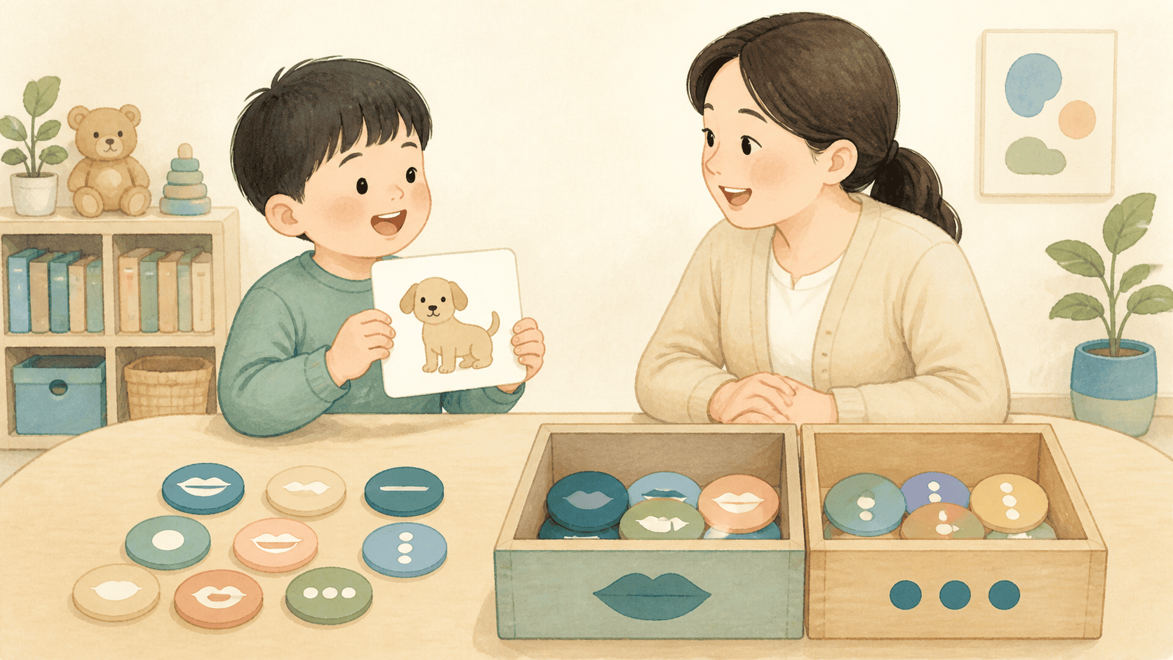 발음 오류가 두 서랍으로 나뉘어 정리되는 검사 장면