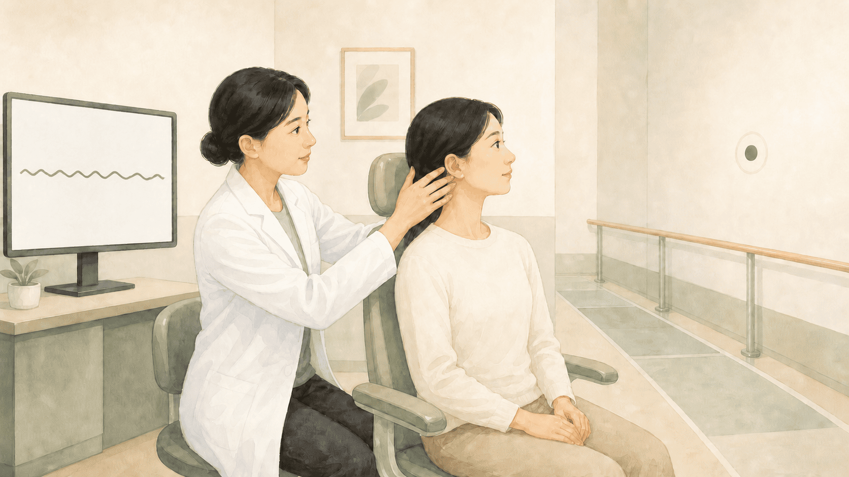 벽 표적을 보며 의료진이 머리 움직임과 눈 반응을 살피는 검사 장면