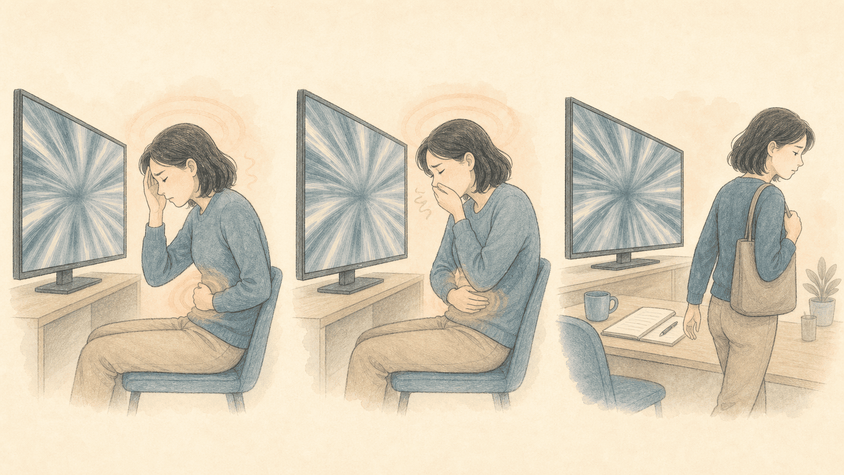 반복되는 화면 노출과 시각 자극 회피를 보여 주는 개념 그림