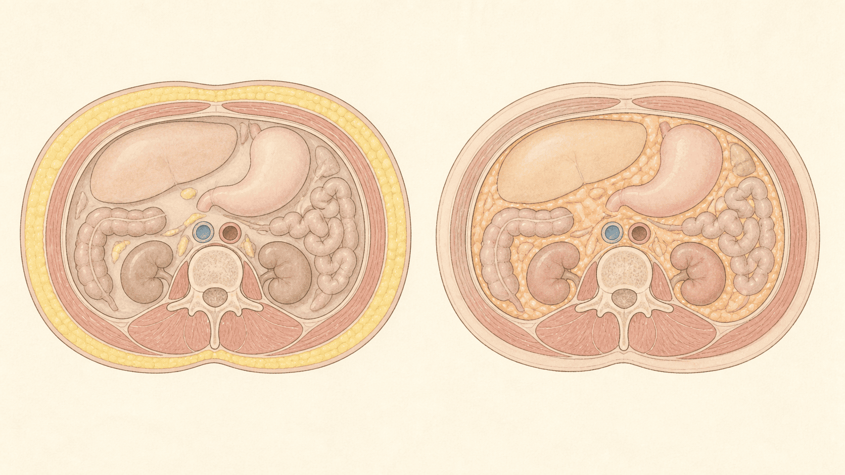 복부 피부 아래 피하지방과 복강 안 장기 주변 내장지방을 색으로 구분한 단순 해부 그림