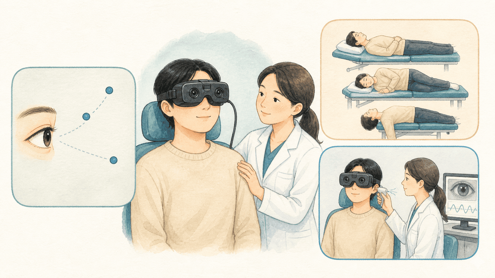 고글을 쓴 환자가 눈운동, 체위 변화와 선택적 온도 자극 검사를 안전하게 받는 2D 일러스트