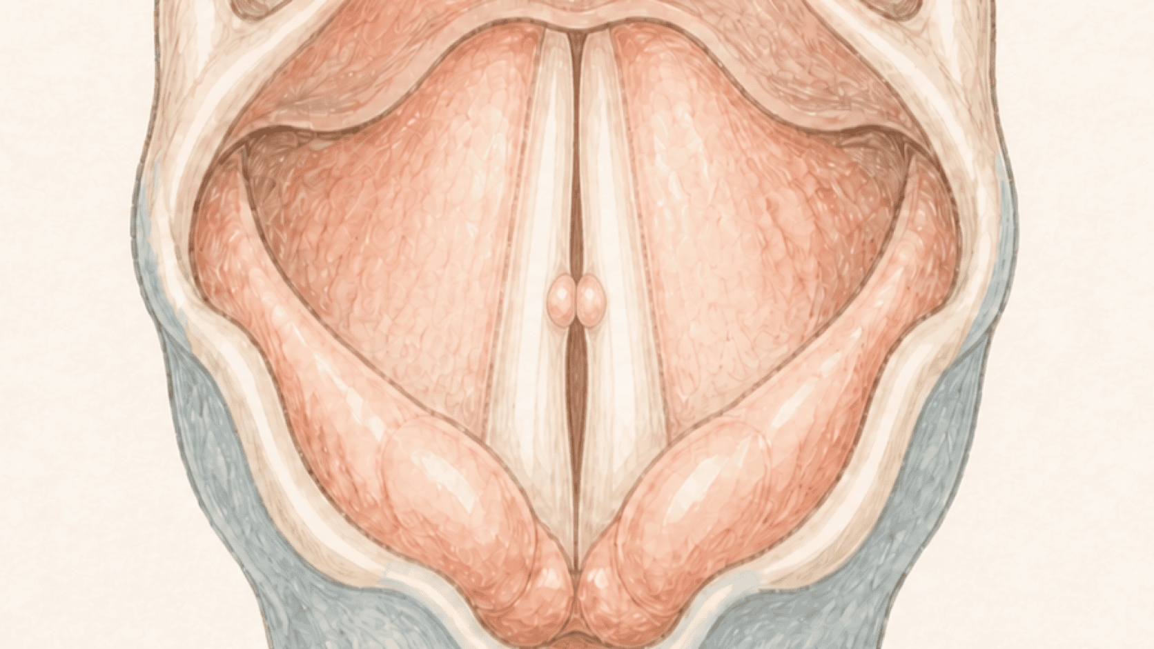 성대 양쪽 가장자리에 작은 결절이 마주 보는 성대결절 2D 의료 일러스트