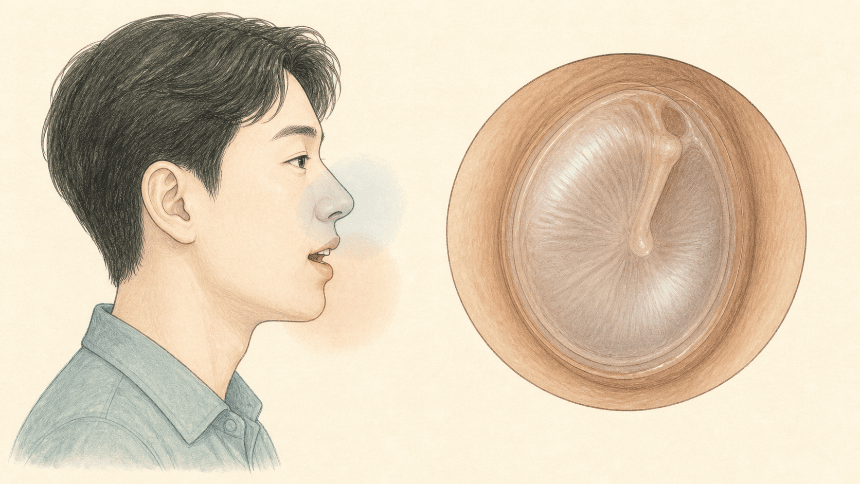 자기 목소리와 호흡음의 울림과 고막의 움직임을 함께 보여 주는 모습