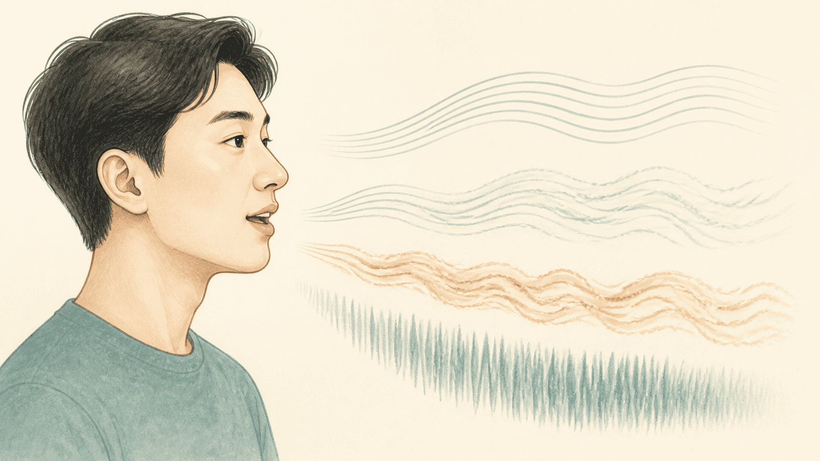 발성하는 사람과 서로 다른 목소리 특성을 나타낸 선