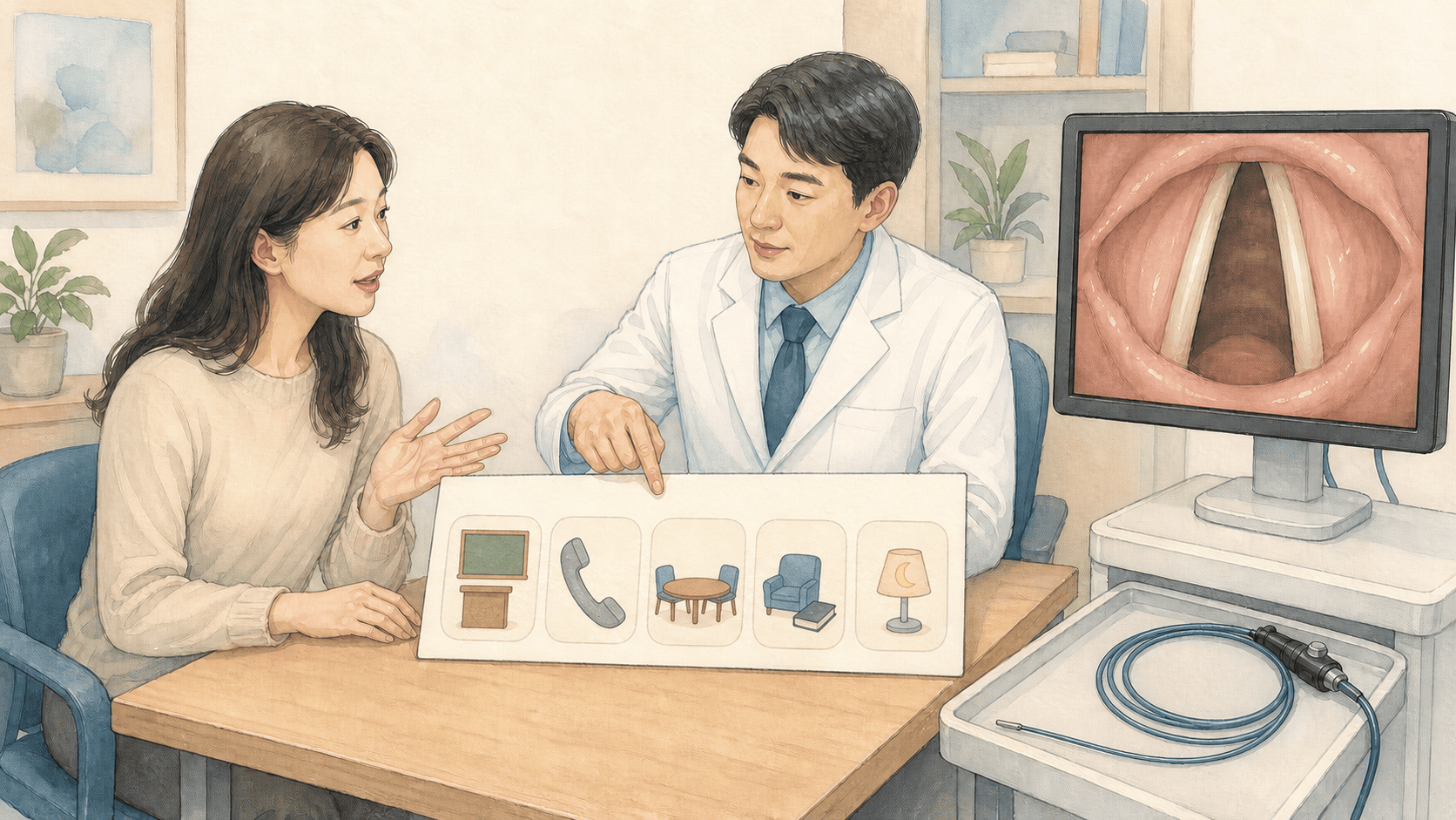 음성 사용 시간과 후두 상태를 함께 확인하는 모습