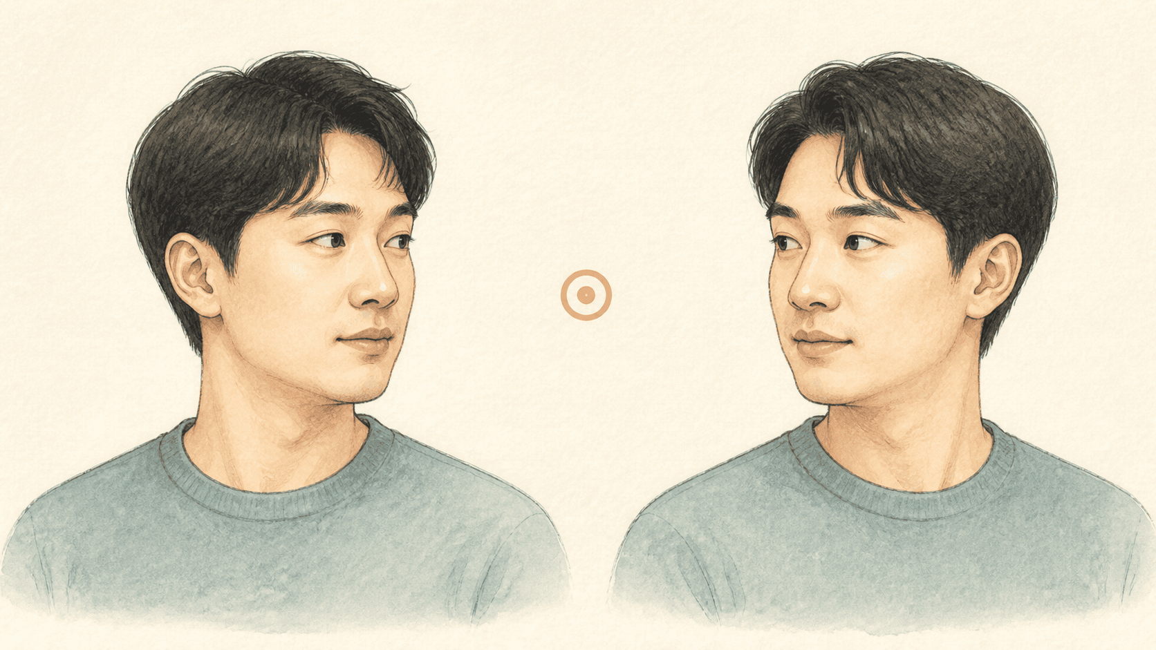 머리가 한쪽으로 돌아가도 두 눈이 같은 표적을 바라보는 두 자세 비교 그림