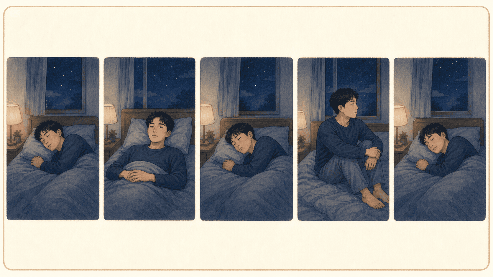 처음 잠든 뒤 밤중에 두 차례 깨어 있다가 다시 잠드는 입면 후 각성시간 개념도