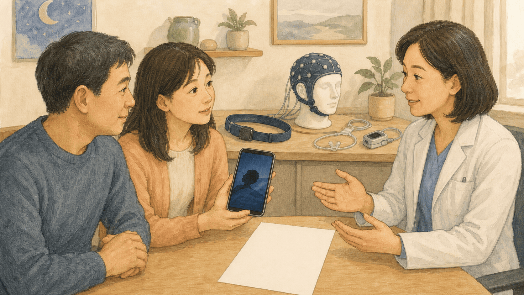 목격한 수면 모습을 의료진에게 설명하는 진료