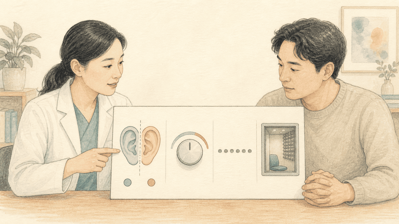 청각사가 귀별 단어인지도와 검사 조건을 설명하는 그림