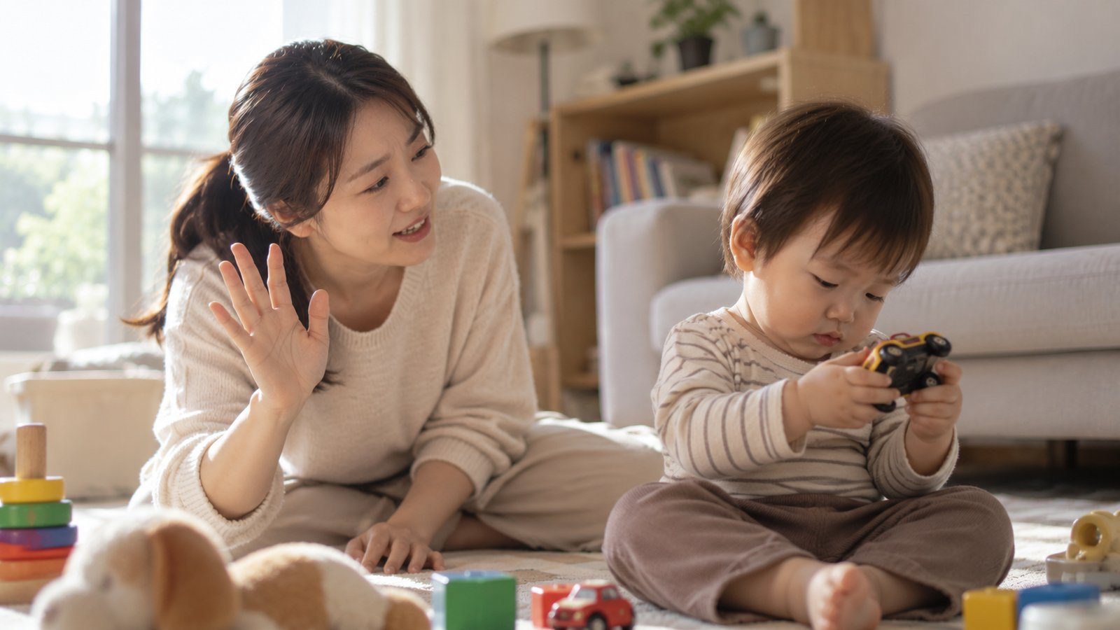 장난감을 보는 아이 옆에서 손을 흔들며 말을 거는 보호자