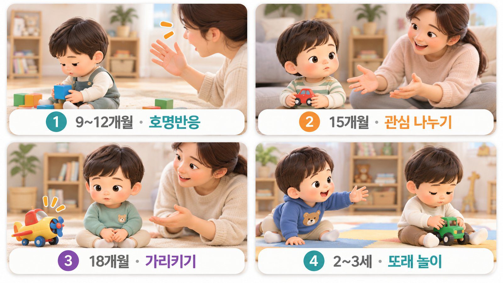 호명반응, 관심 나누기, 가리키기와 또래 놀이를 연령별로 보여주는 그림