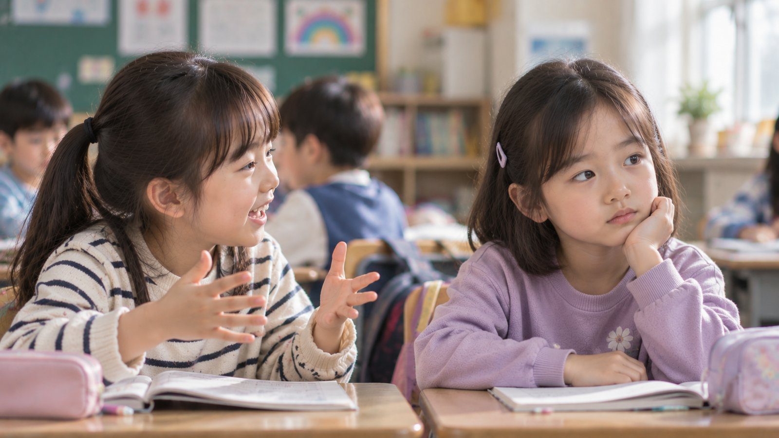 교실에서 말을 거는 친구와 다른 곳을 바라보는 아이