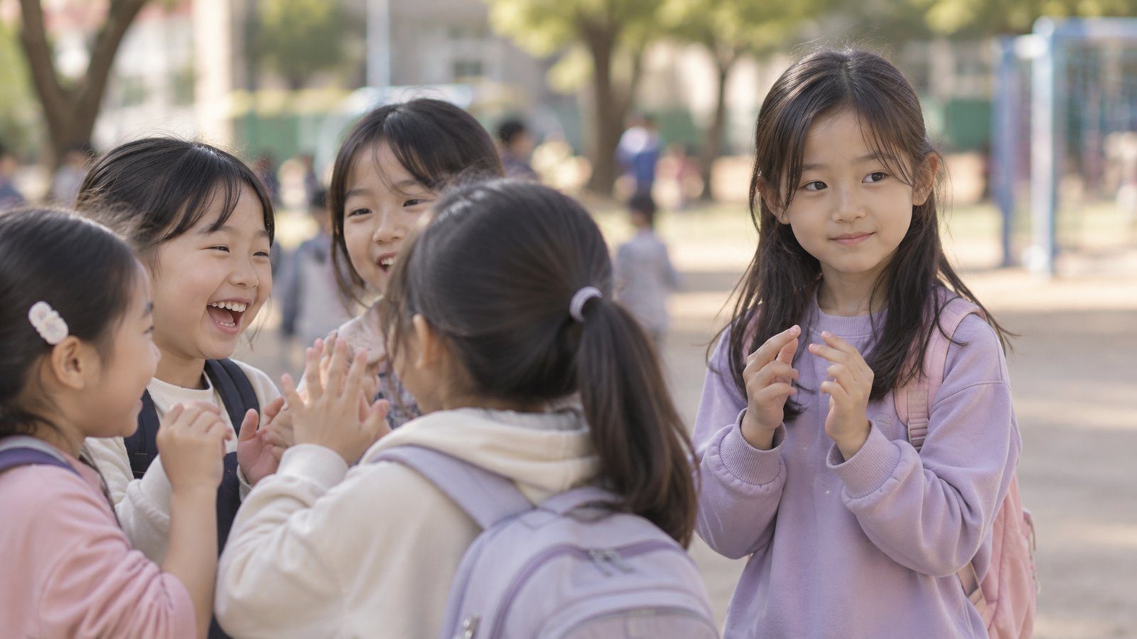 학교에서 대화하는 또래 아이들과 옆에 서 있는 아이