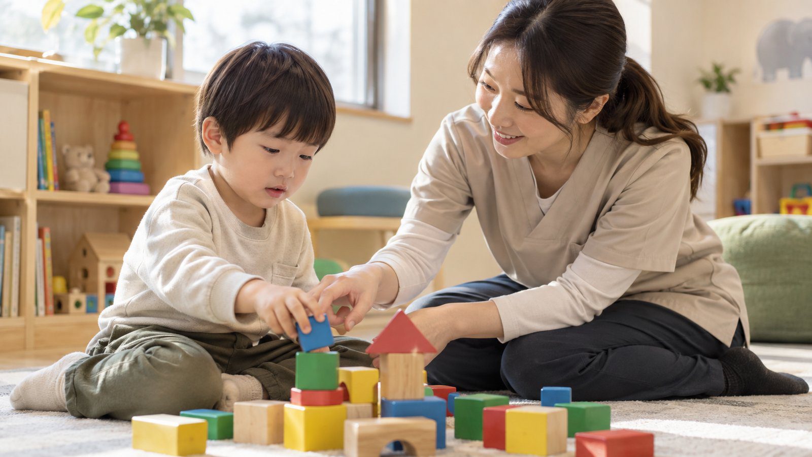 블록 놀이를 하며 아이와 상호작용하는 보호자