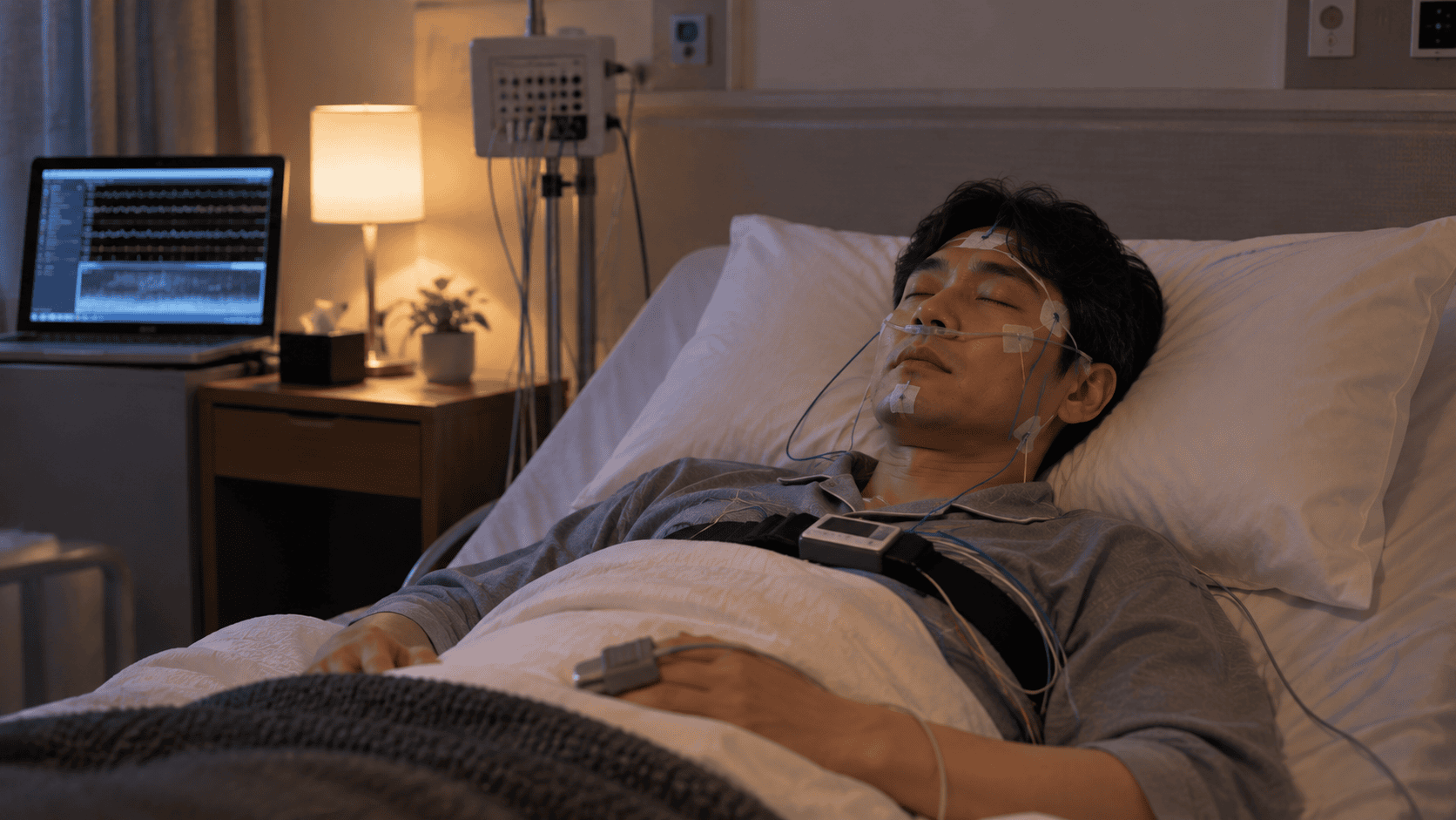 수면다원검사 센서를 착용하고 검사받는 성인의 AI 생성 이미지