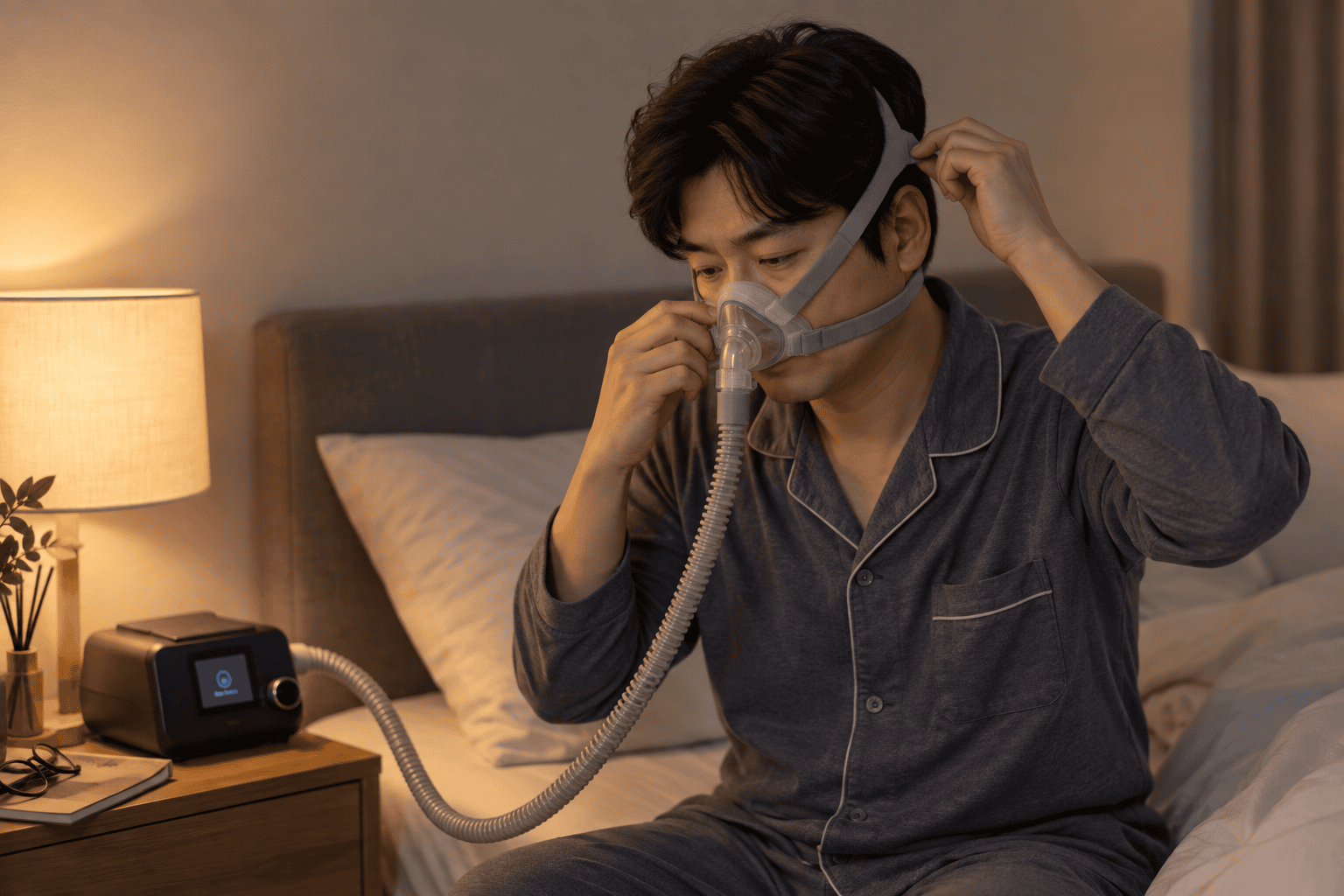 잠들기 전 양압기 마스크를 착용하는 성인의 AI 생성 이미지