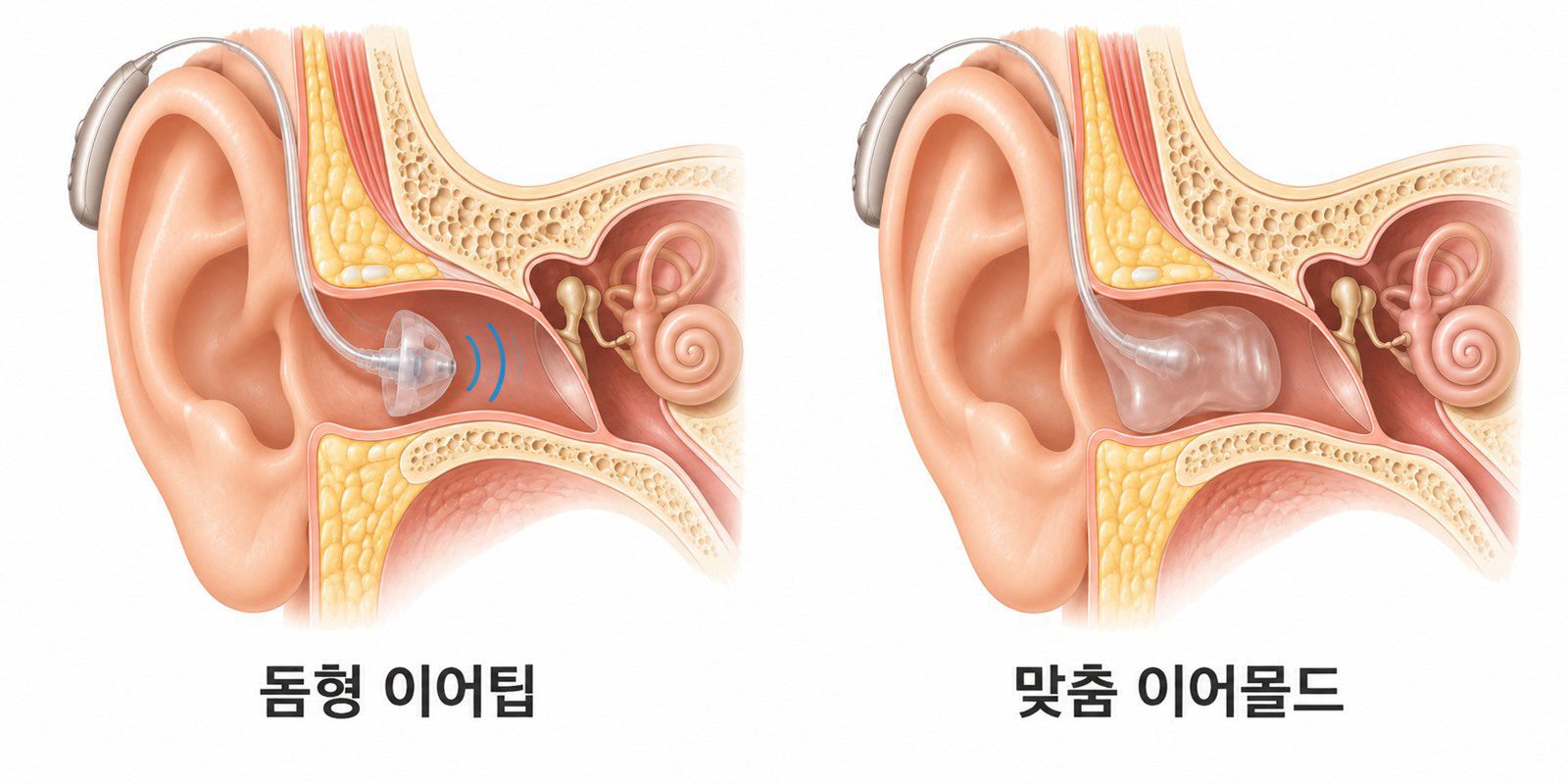 돔형 이어팁과 맞춤 이어몰드를 귀에 착용한 단면 비교
