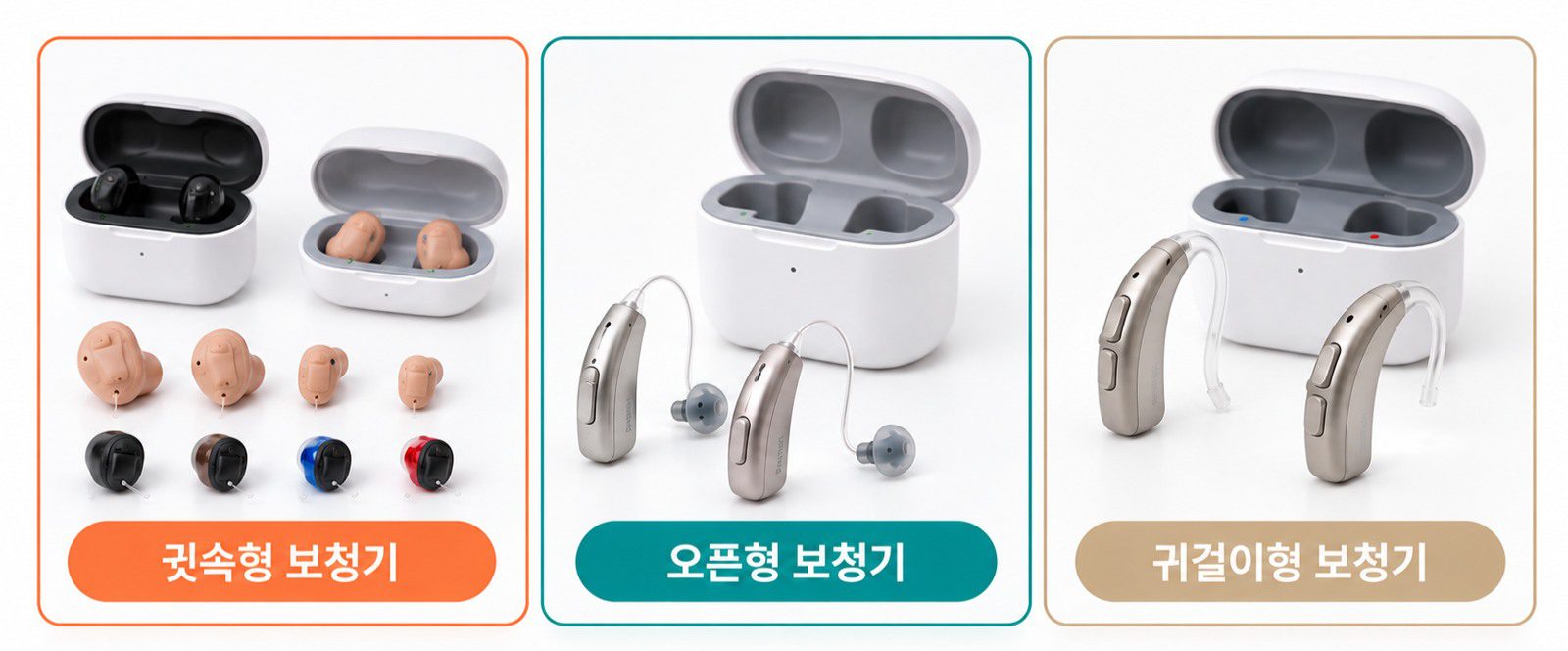 귓속형, 오픈형, 귀걸이형 보청기의 외관 비교