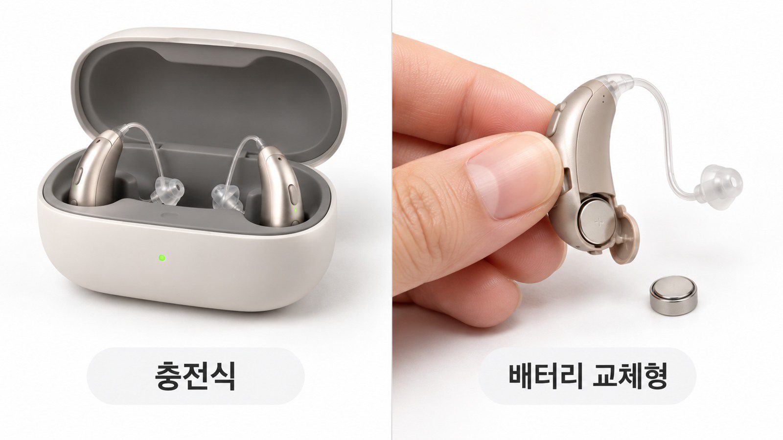 충전기에 놓인 보청기와 버튼형 배터리를 교체하는 보청기