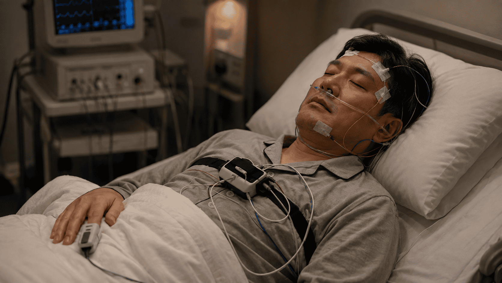 수면 검사 중 여러 센서가 부착된 채 잠든 남성