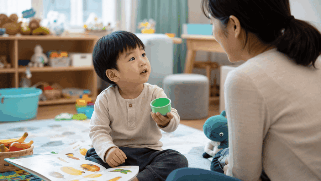 그림책과 장난감 컵을 보며 보호자에게 말하는 36개월 아이