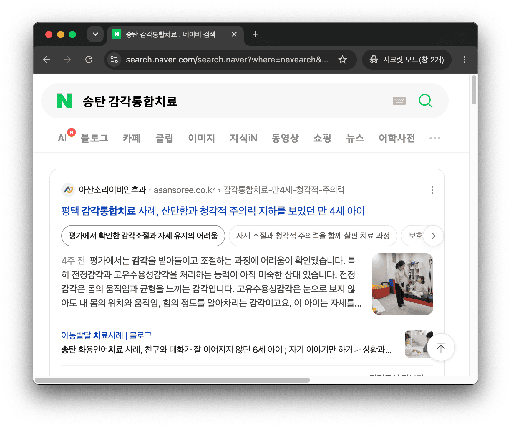 네이버에서 송탄 감각통합치료를 검색한 결과 화면
