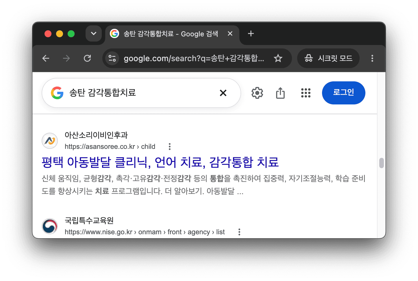 구글에서 송탄 감각통합치료를 검색한 결과 화면
