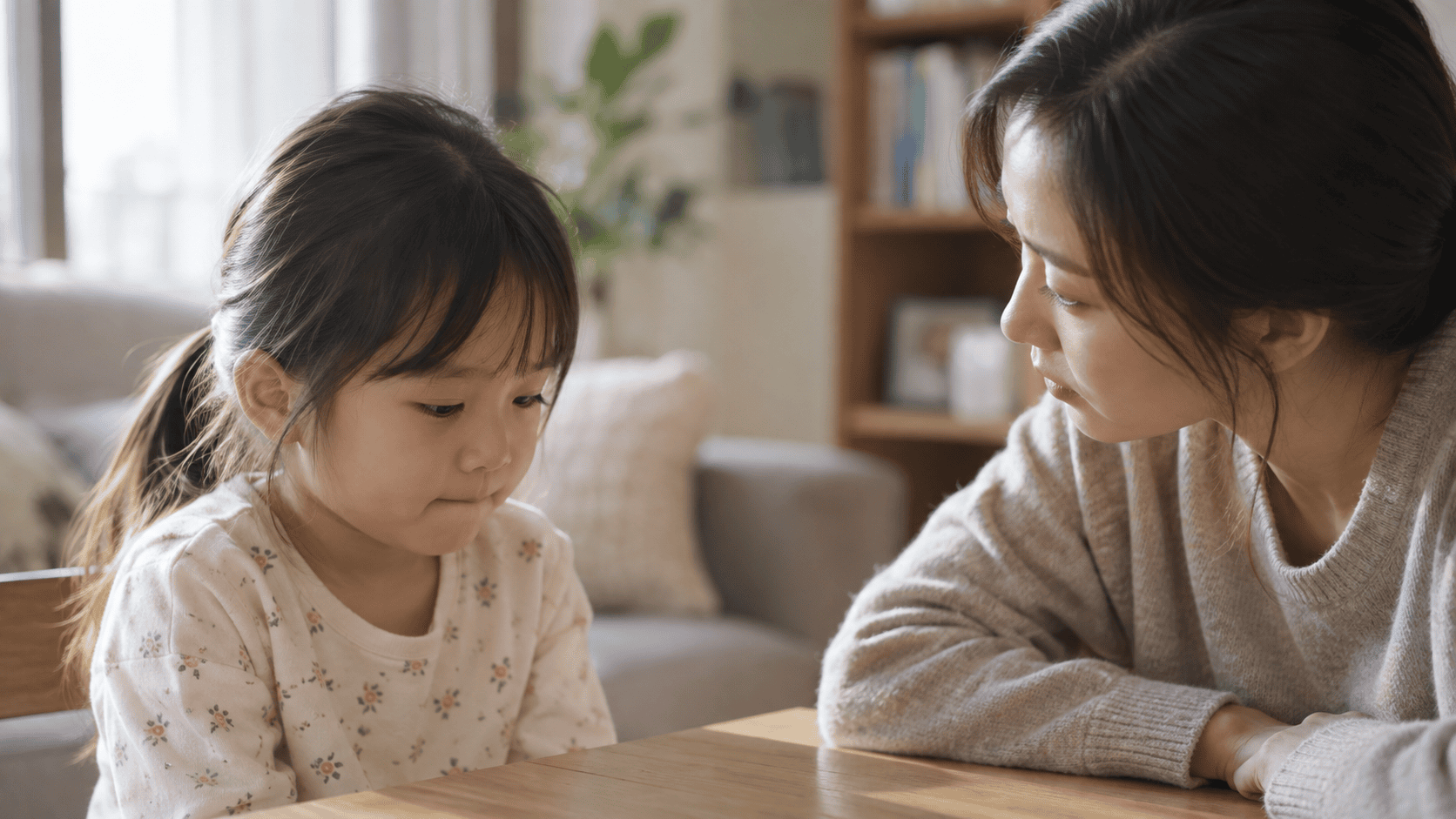 아이의 말을 듣는 보호자와 고개를 숙인 아이를 표현한 AI 이미지