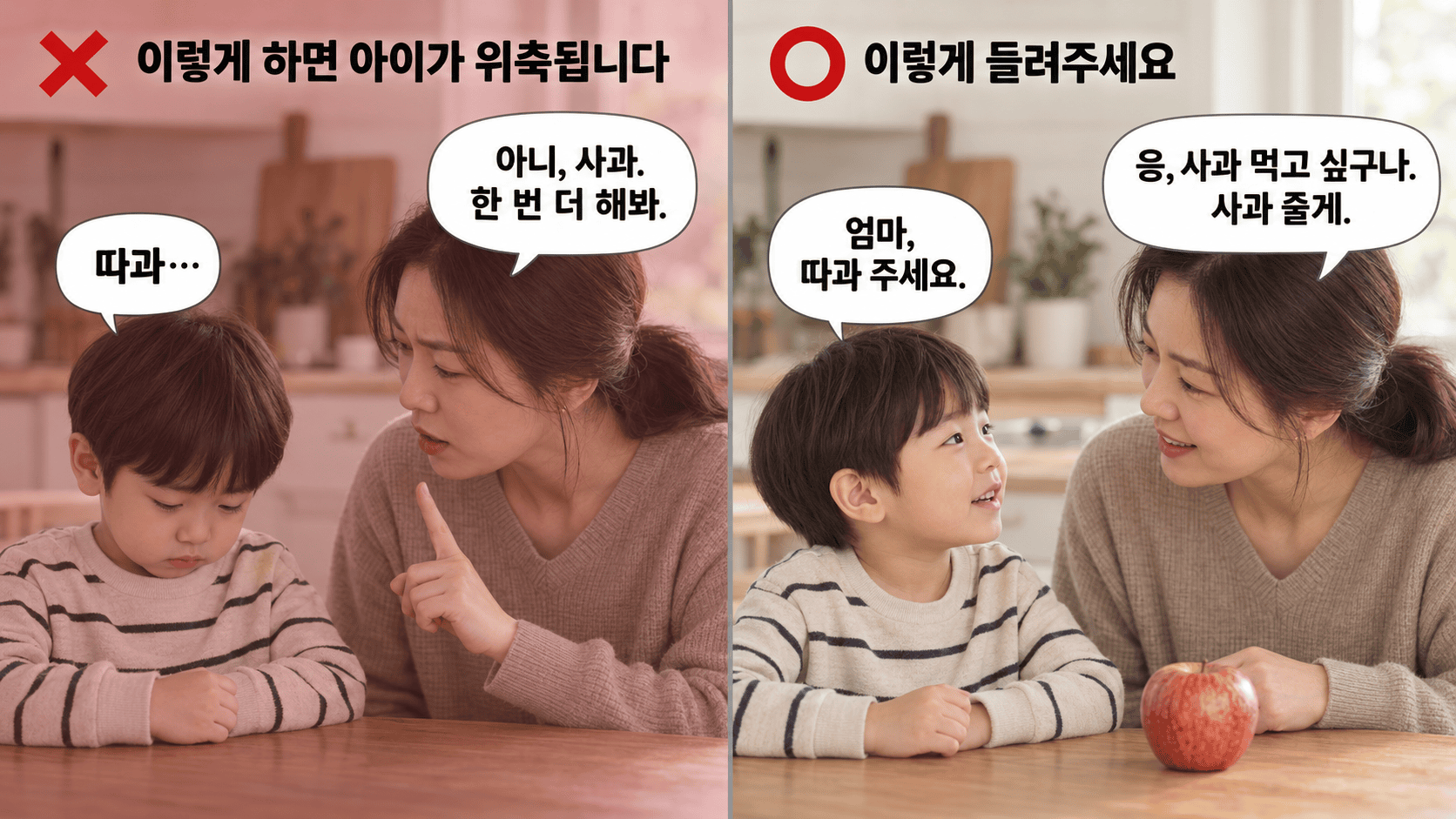 잘못된 발음을 반복시키는 반응과 정확한 발음을 자연스럽게 들려주는 반응을 비교한 AI 이미지