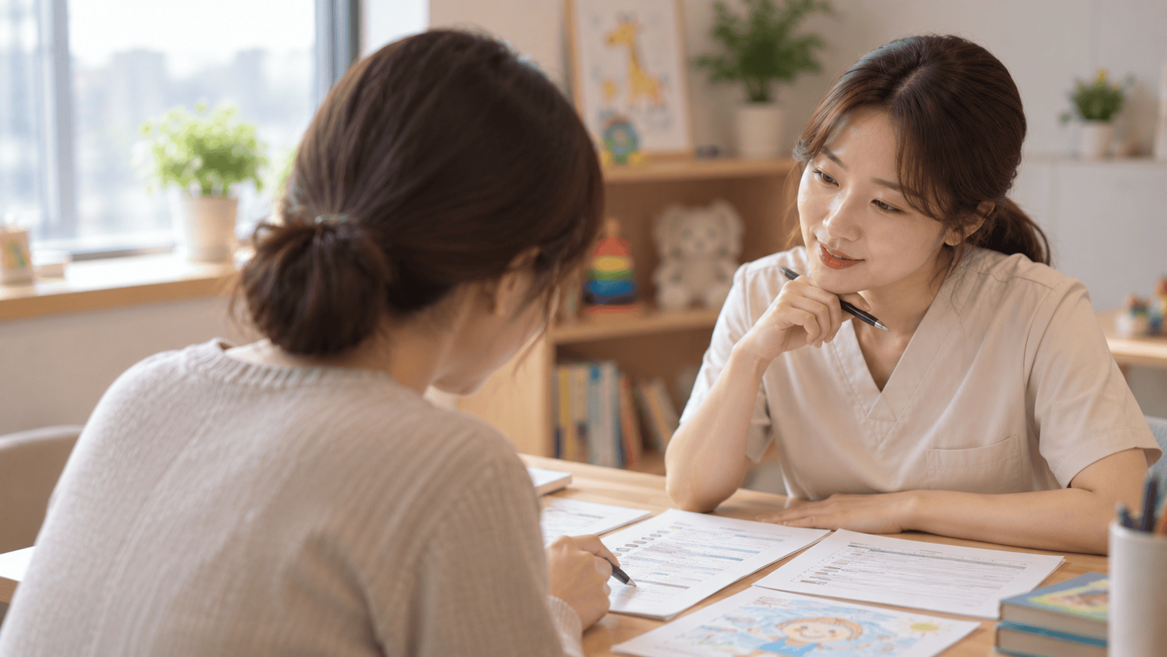상담자가 보호자의 이야기를 들으며 기록을 살피는 상담 장면