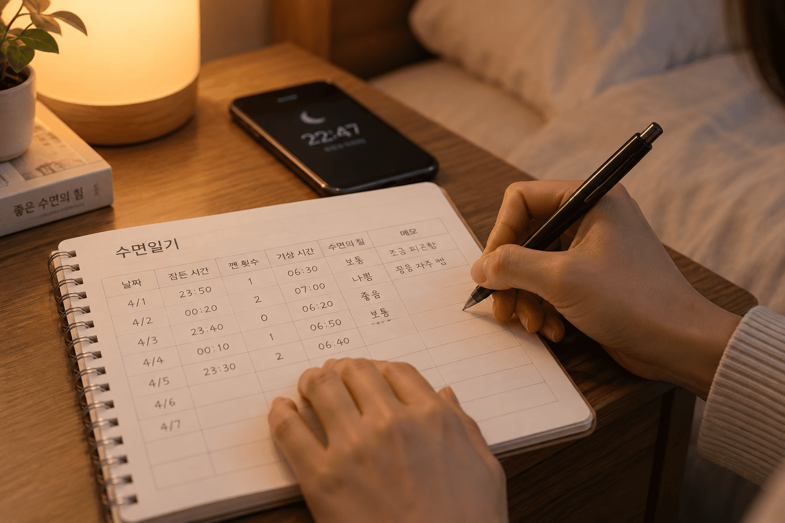 수면일기에 잠든 시간과 깬 횟수를 기록하는 손