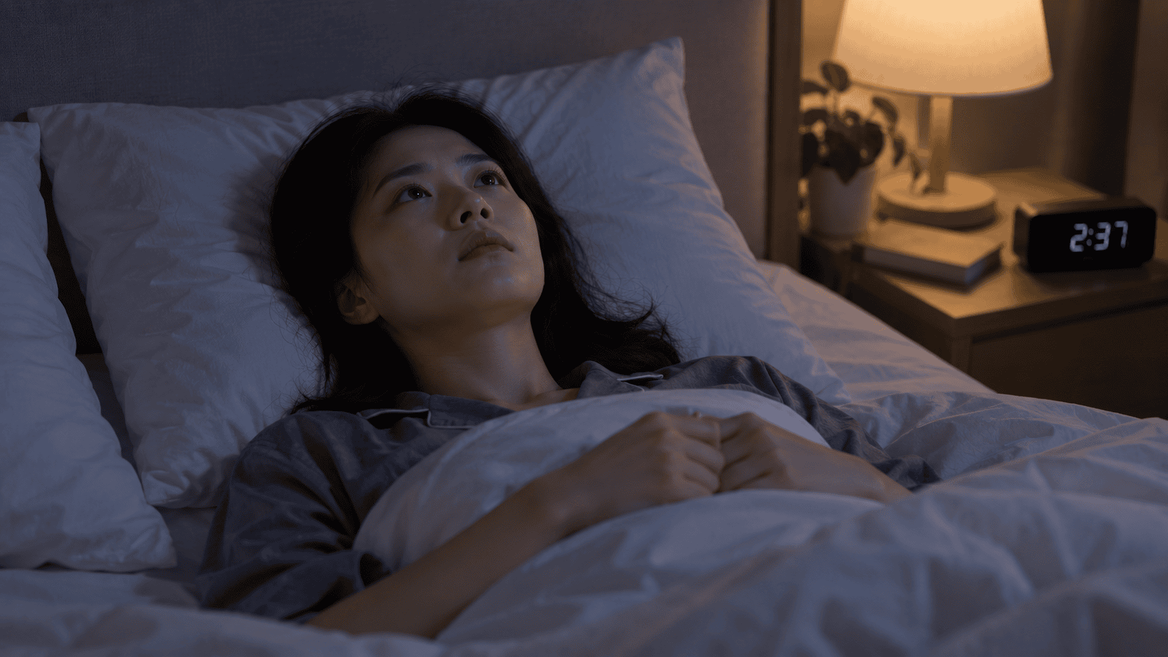 새벽에 천장을 바라보며 잠 못 드는 여성