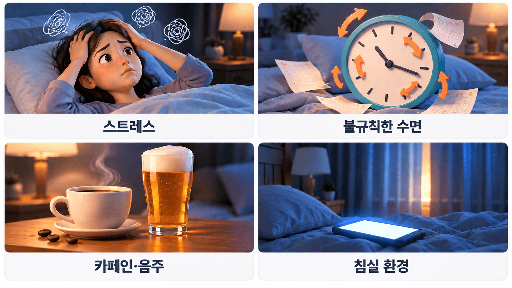 스트레스, 불규칙한 수면, 카페인 등 숙면 방해 요인