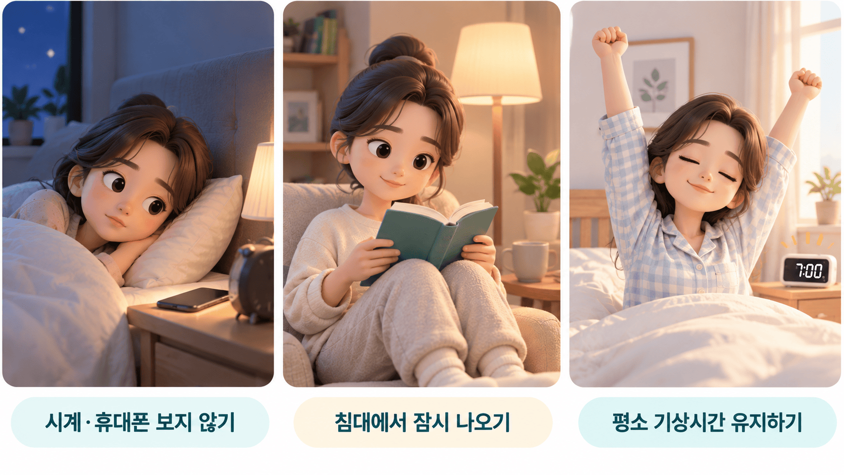 시계 멀리하기, 침대에서 나오기, 일정한 기상 시간