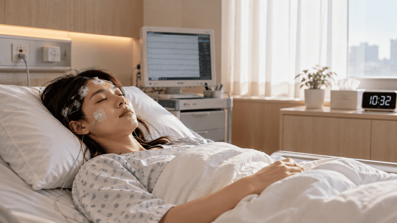 전극을 부착하고 다중수면잠복기검사를 받는 여성