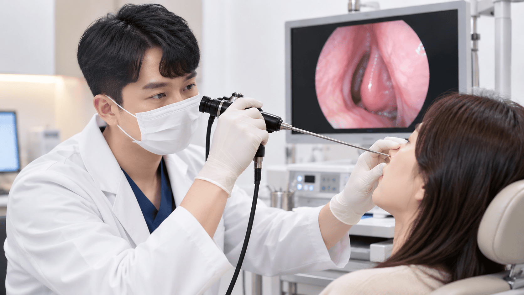 비강 내시경으로 환자의 코 안을 검사하는 의료진