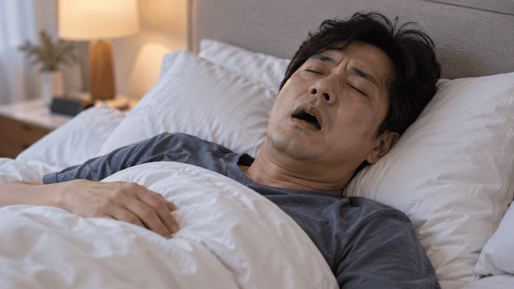 입을 벌리고 코를 골며 자는 남성