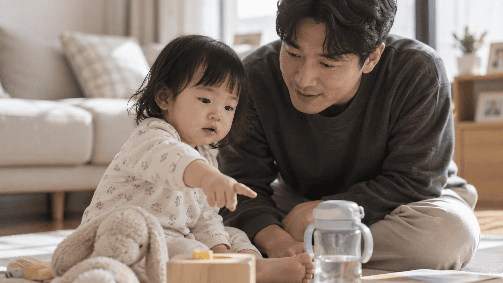 물병을 가리키며 아빠에게 뜻을 전하는 아이