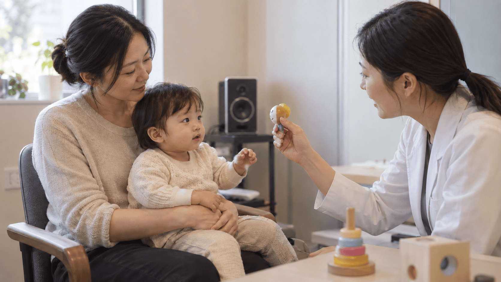 보호자 품에서 검사자의 장난감을 바라보는 아이