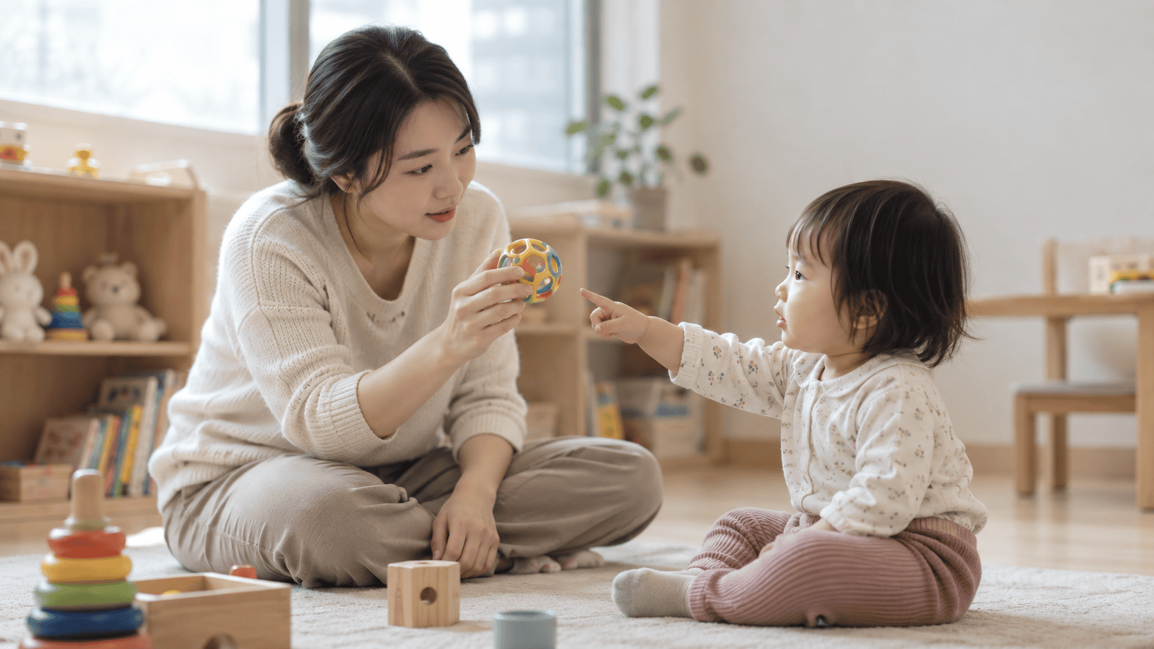 어른이 든 공을 가리키며 반응하는 아이