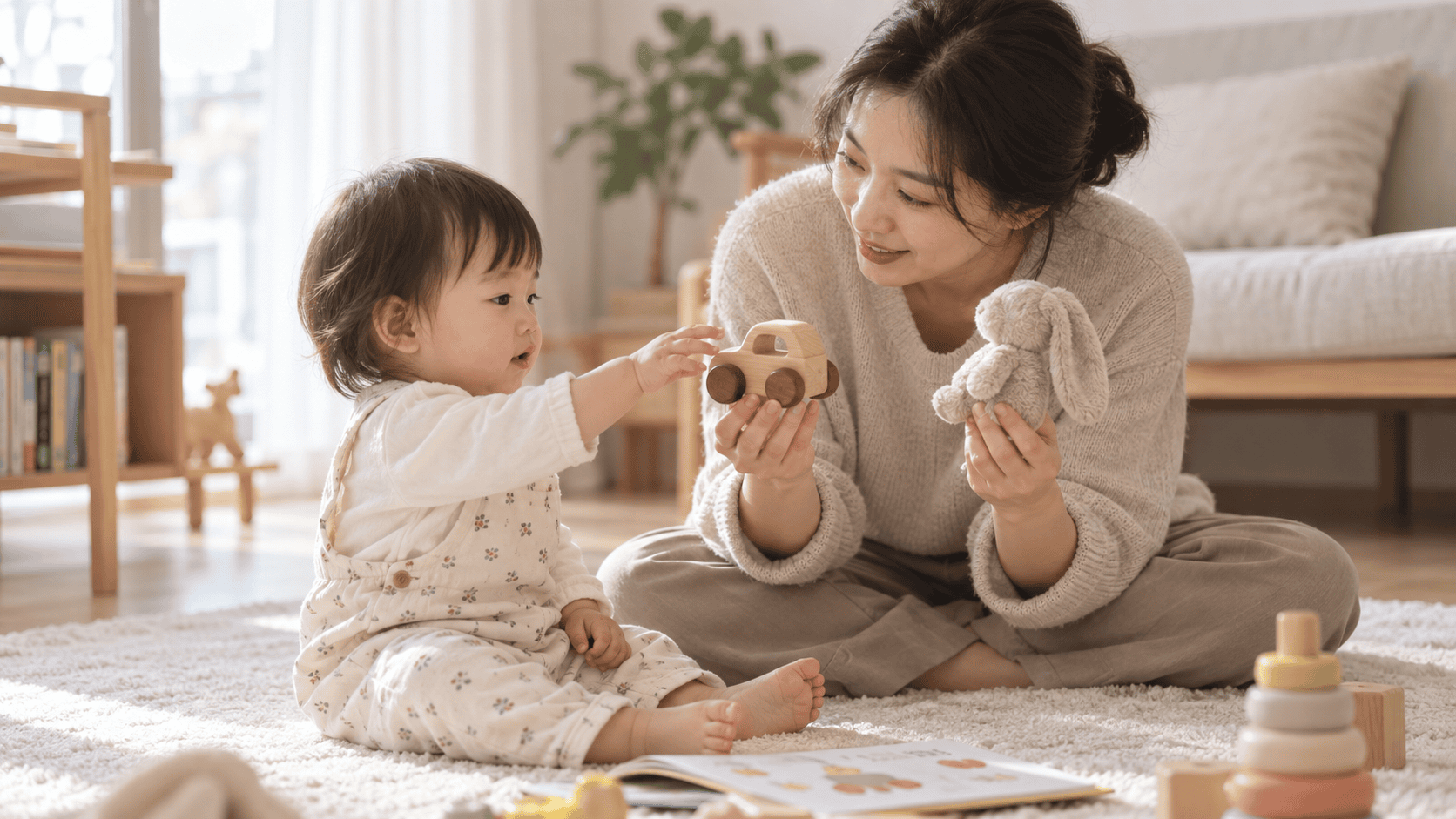 엄마가 보여준 자동차와 인형 중 자동차를 고르는 아이