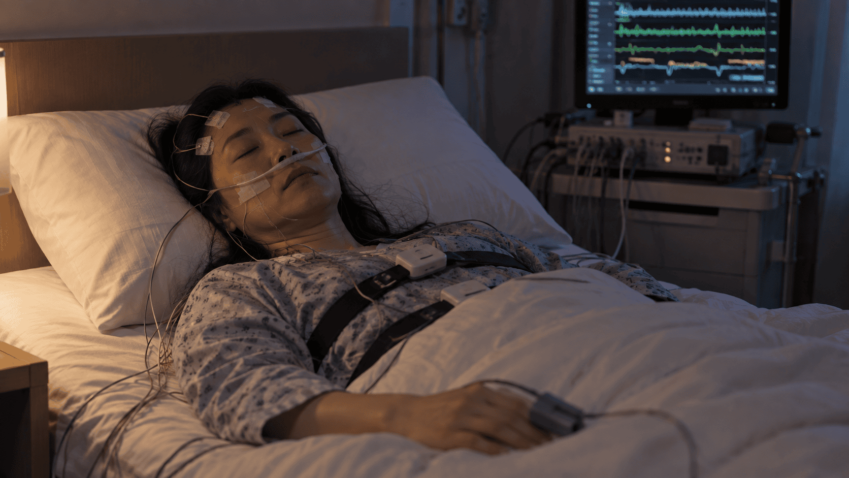수면다원검사 센서를 착용하고 자는 성인의 AI 생성 이미지