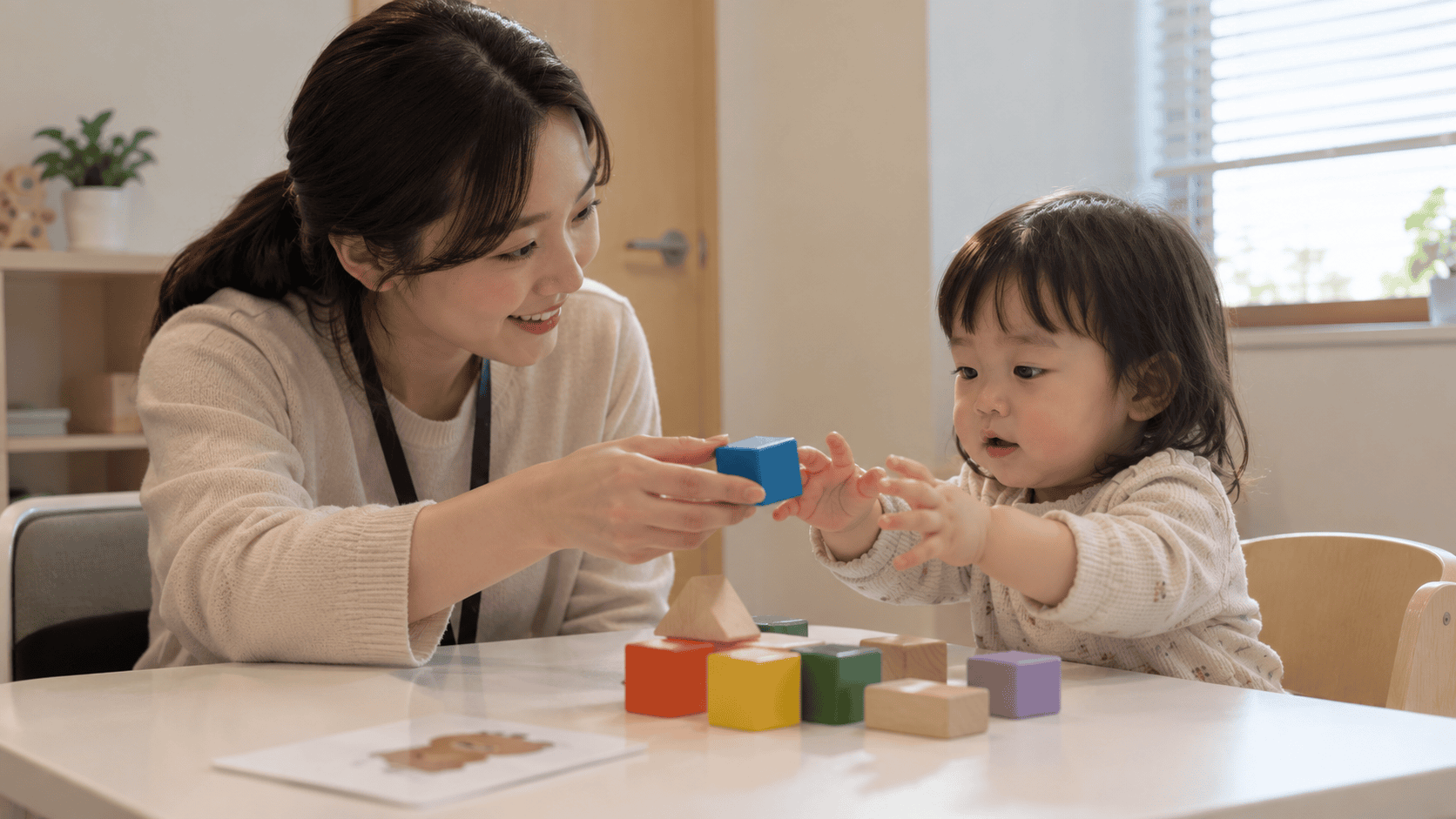 블록으로 아이의 반응을 살피는 발달검사 예시