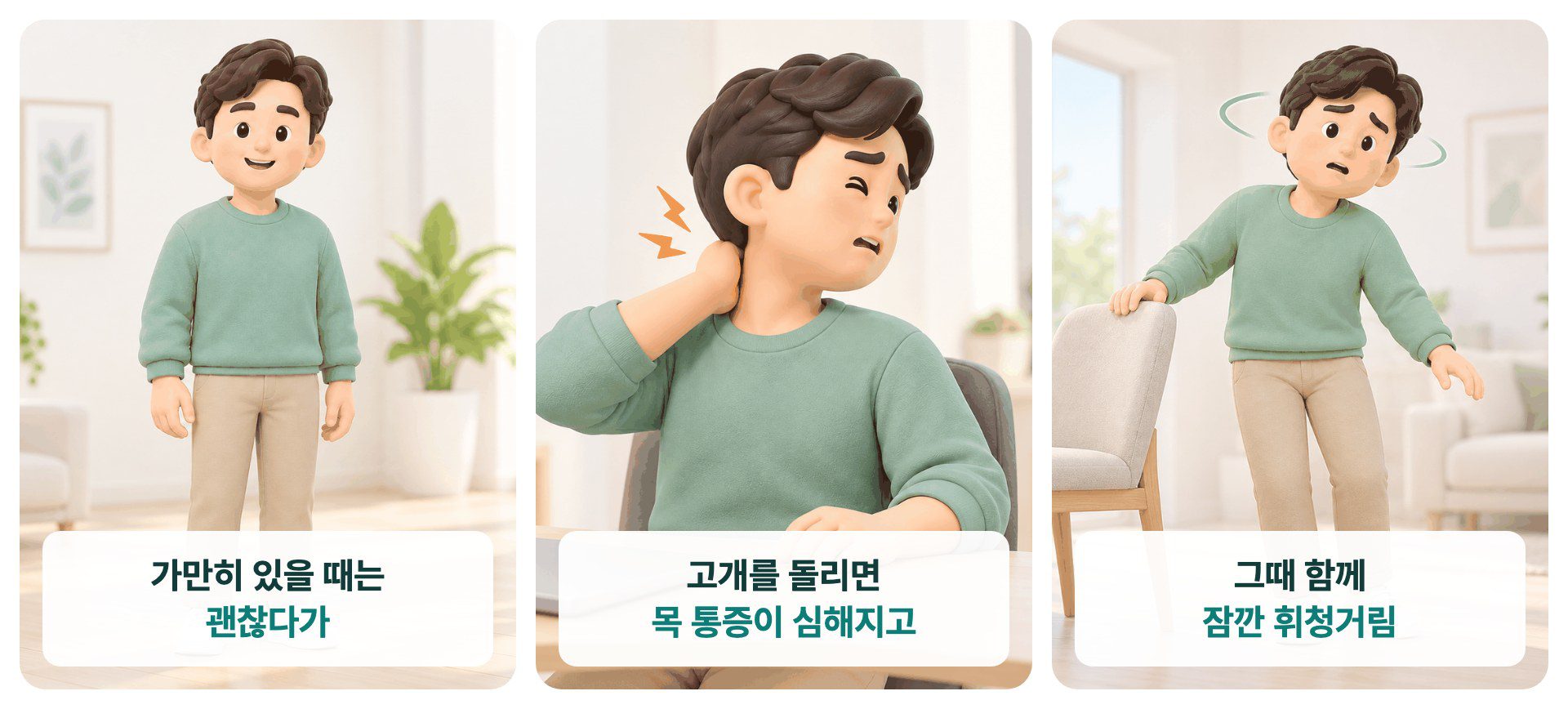 고개를 돌릴 때 목 통증과 잠깐의 휘청거림이 함께 나타나는 모습을 설명한 그림