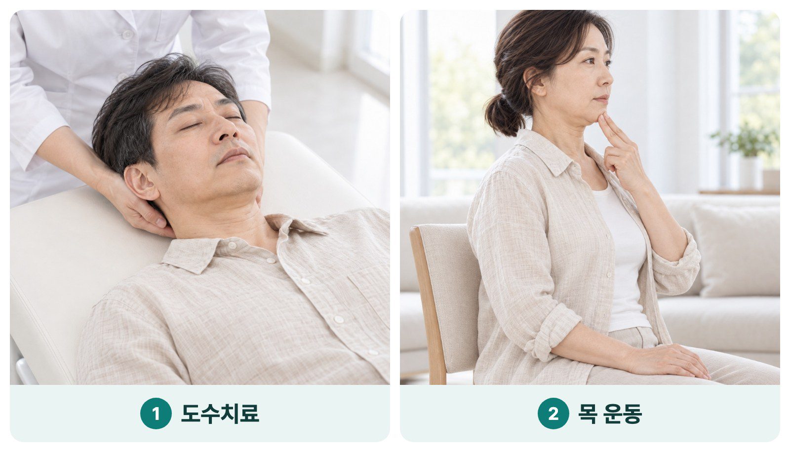 목 도수치료와 턱을 당기는 목 운동을 보여 주는 이미지
